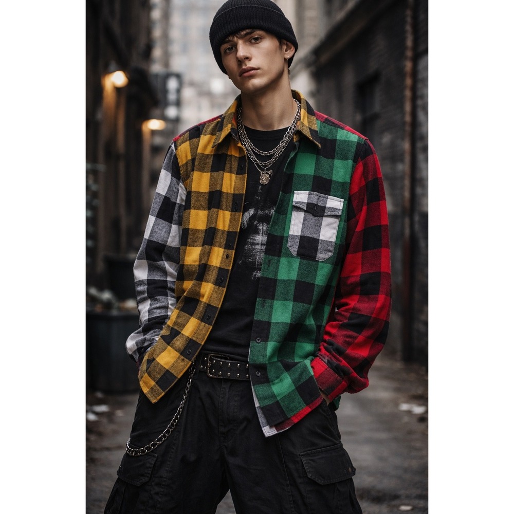 Y2K Patchwork Buffalo Plaid Flannel Shirt Size S Edgy Grunge Streetwear Skater